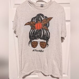 Gildan Gray Thankful Pumpkin Leopard Graphic Tee Fall Shirt M Pumpkin Casual